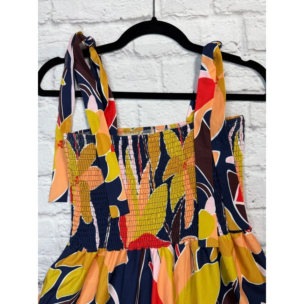 Tropical Floral Smocked Maxi Dress Tie Shoulder Tiered Navy Yellow Orange Large - Picture 2 of 3